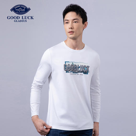 GOOD LUCK/德鲨100%棉亲肤舒适前胸烫钻工艺圆领长袖T恤LY12202-818 商品图2