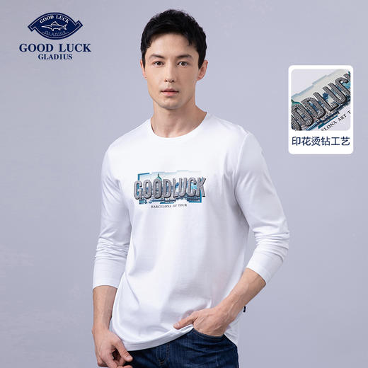 GOOD LUCK/德鲨100%棉亲肤舒适前胸烫钻工艺圆领长袖T恤LY12202-818 商品图0