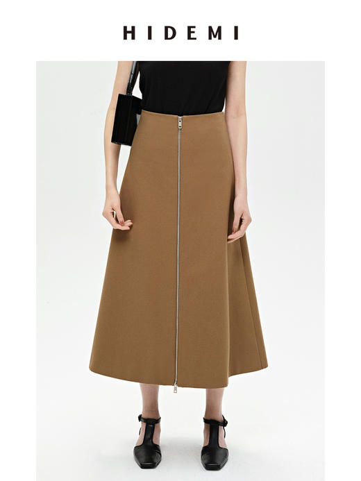 HIDEMI 简约A型伞状拉链式半身裙 黑色/卡其色 商品图3