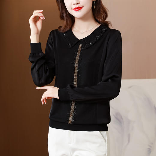 2022春季新款韩版宽松长袖缎面料雪纺烫钻打底衫  CXHL8239 商品图1