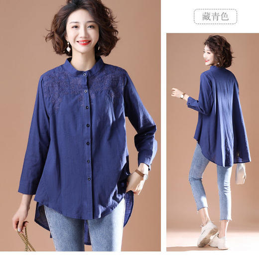 TZW-大码女装2022春新款胖mm遮肚显瘦棉麻刺绣不规则衬衫女 商品图6