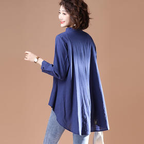 TZW-大码女装2022春新款胖mm遮肚显瘦棉麻刺绣不规则衬衫女