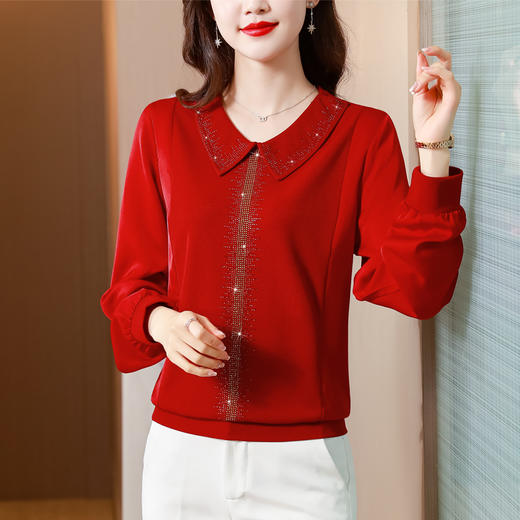 2022春季新款韩版宽松长袖缎面料雪纺烫钻打底衫  CXHL8239 商品图3
