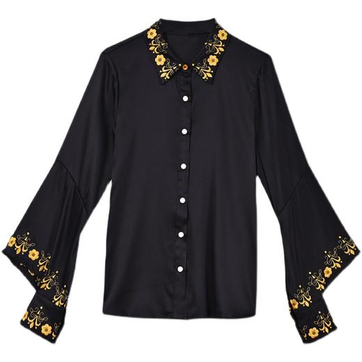 缎面仿真丝衬衫女长袖 新款复古方领荷叶边刺绣衬衣黑色上衣 XYX9002 商品图4