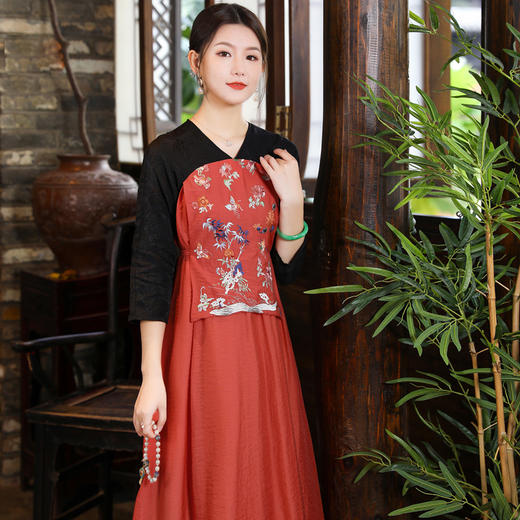 民族风文艺气质女装长袖宽松显瘦拼接假两件连衣裙 YFN21337 商品图1