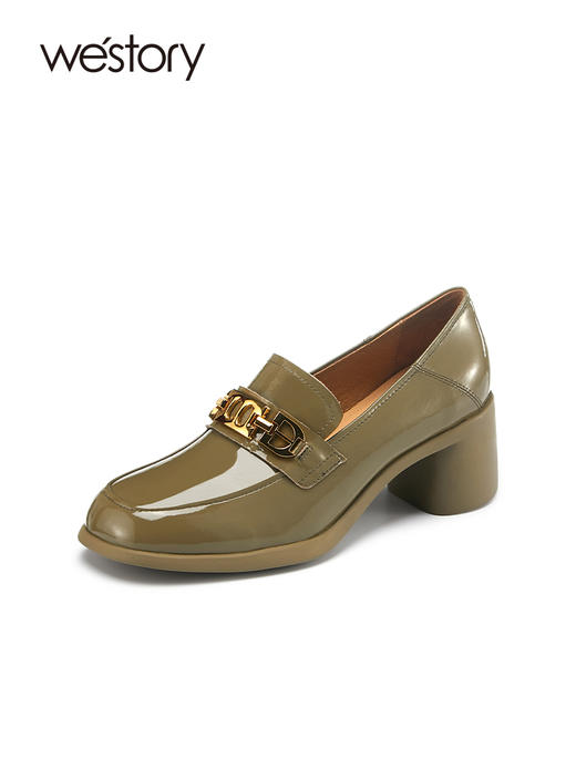 westory漆皮纯色单鞋女22年春季新款粗跟英伦风小皮鞋一脚蹬S22AM54601 商品图2