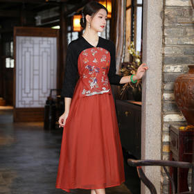 民族风文艺气质女装长袖宽松显瘦拼接假两件连衣裙 YFN21337