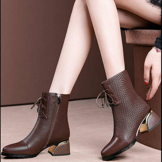 TZW-马丁靴女英伦风粗跟短靴女软皮中跟圆头加绒全皮靴 商品图5