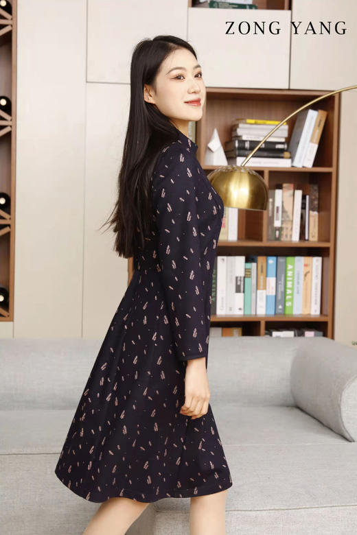 宗洋收腰立领提花面料连衣裙BCL1ST7805-45 商品图1