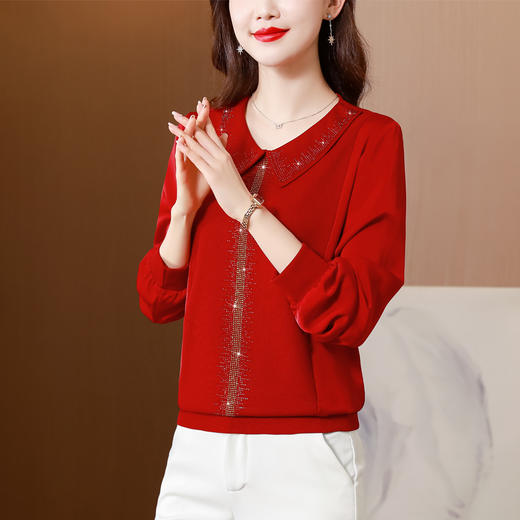 2022春季新款韩版宽松长袖缎面料雪纺烫钻打底衫  CXHL8239 商品图2