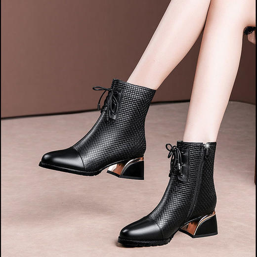 TZW-马丁靴女英伦风粗跟短靴女软皮中跟圆头加绒全皮靴 商品图6