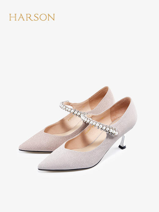 哈森女鞋2022春季新款欧美异形跟尖头时装鞋宴会珍珠浅口单鞋HS226007 商品图2