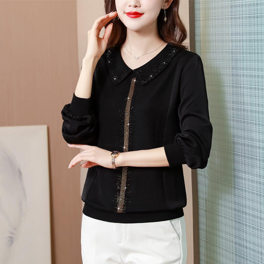 2022春季新款韩版宽松长袖缎面料雪纺烫钻打底衫  CXHL8239 商品图0