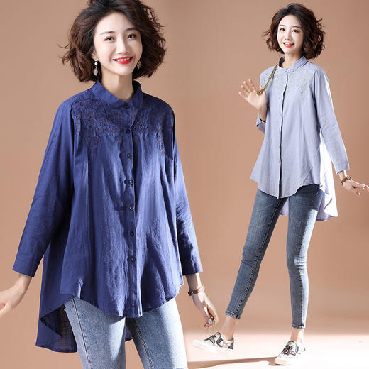 TZW-大码女装2022春新款胖mm遮肚显瘦棉麻刺绣不规则衬衫女 商品图9