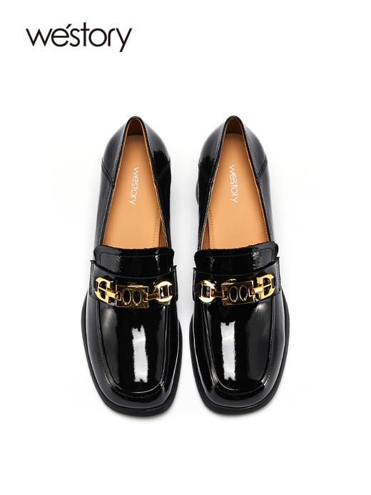 westory漆皮纯色单鞋女22年春季新款粗跟英伦风小皮鞋一脚蹬S22AM54601 商品图3