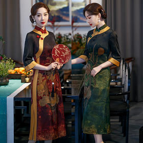 2022新款改良宽边旗袍修身优雅显年轻妈妈装连衣裙日常 GSJ3035