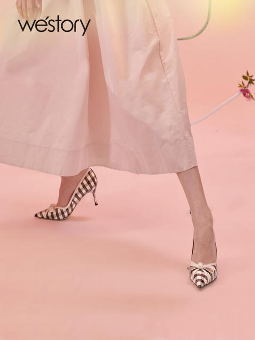 westory条纹蝴蝶结高跟鞋22年春季新款尖头细跟法式单鞋女W22AE54541 商品图1