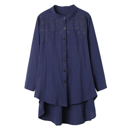 TZW-大码女装2022春新款胖mm遮肚显瘦棉麻刺绣不规则衬衫女 商品图7