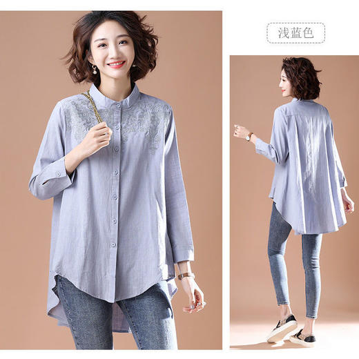 TZW-大码女装2022春新款胖mm遮肚显瘦棉麻刺绣不规则衬衫女 商品图4