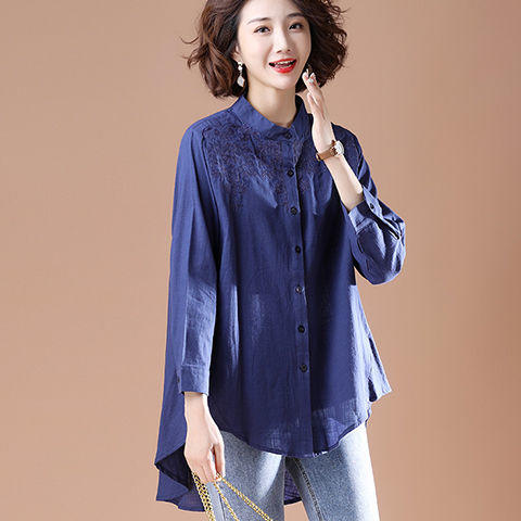 TZW-大码女装2022春新款胖mm遮肚显瘦棉麻刺绣不规则衬衫女 商品图8