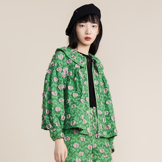 MIIDII谜底2022春高端系列镶钻撞色提花娃娃领短外套女221GW0039 商品图1