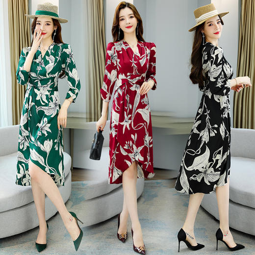 2022春季新款气质通勤V领长袖印花修身显瘦连衣裙 HR-YGYL8936 商品图0