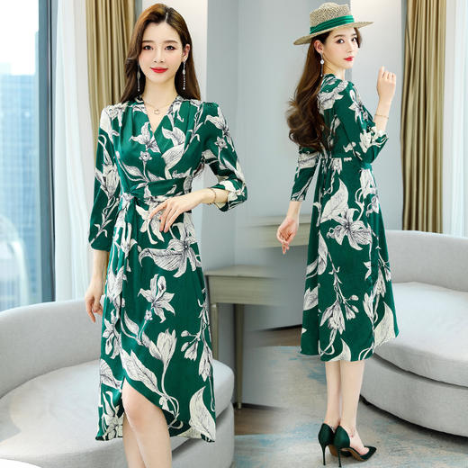 2022春季新款气质通勤V领长袖印花修身显瘦连衣裙 HR-YGYL8936 商品图3