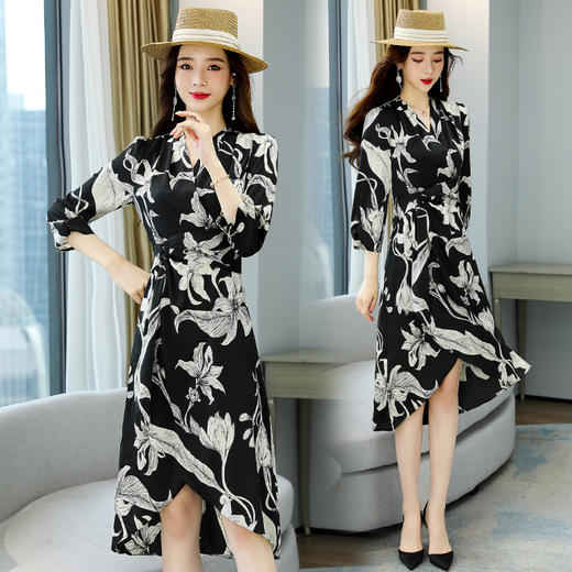 2022春季新款气质通勤V领长袖印花修身显瘦连衣裙 HR-YGYL8936 商品图2