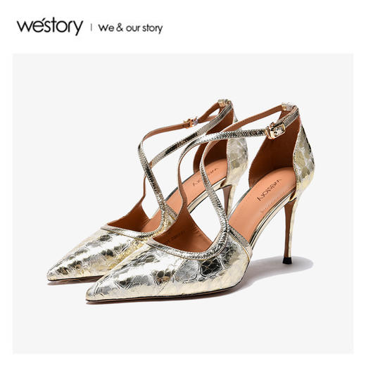 westory2020年夏新品高跟鞋细跟包头流行蛇纹舒适凉鞋W20BH60721 商品图0