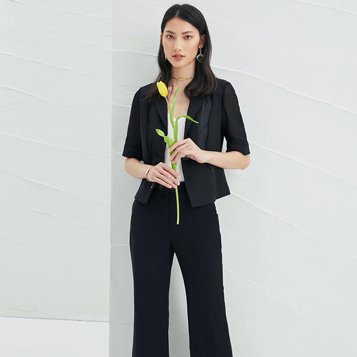 EITIE爱特爱春季新款黑色西装领时尚通勤显瘦网纱拼接短外套6603304 商品图2