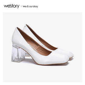 westory2020春季新款方头浅口编织纹牛皮方跟鞋女W20AE51131