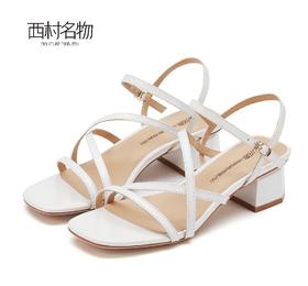 西村名物2021年专柜同款新款牛漆皮女凉鞋一字带凉鞋粗跟凉鞋X21BG23941