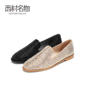 西村名物2021春季新款套脚休闲真皮水钻珍珠圆头时尚单鞋女X21AM11451