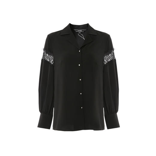 EITIE爱特爱春新款宽松直筒蕾丝拼接泡泡袖时尚显瘦黑色衬衫A2209911 商品图5