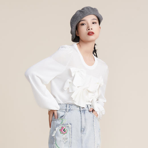 MIIDII谜底2022春款蝴蝶结圆领长袖水晶纱套头针织衫女221MZ0350 商品图1