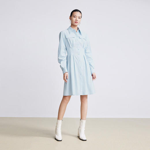LILY2022春新款女装设计感立体袖高腰衬衫式连衣裙女122120C7808 商品图2
