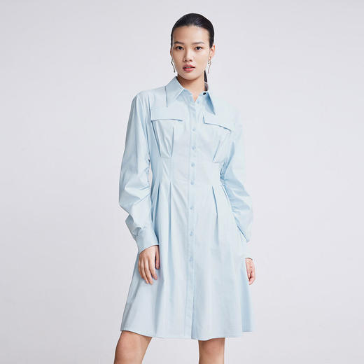 LILY2022春新款女装设计感立体袖高腰衬衫式连衣裙女122120C7808 商品图0