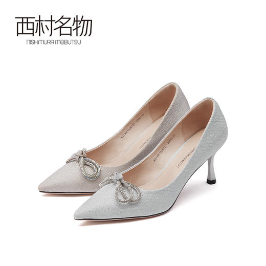 西村名物2021春季新款高跟鞋女蝴蝶结名媛尖头细跟绸缎单鞋X21AE12291 商品图0