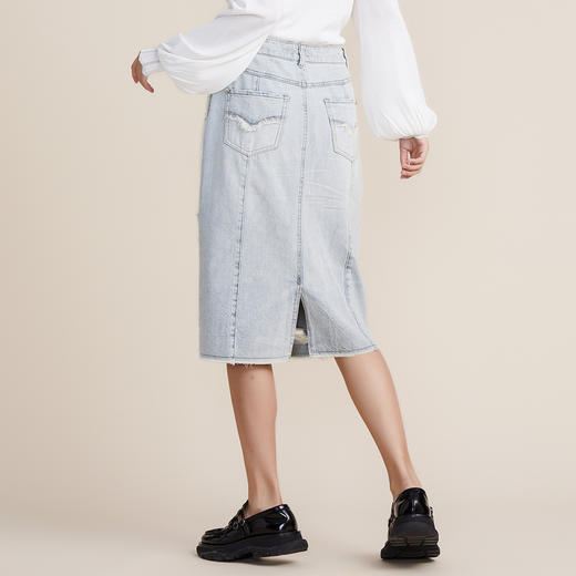 MIIDII谜底2022春款磨烂毛边合体刺绣天丝棉牛仔半身裙221MB0031 商品图2