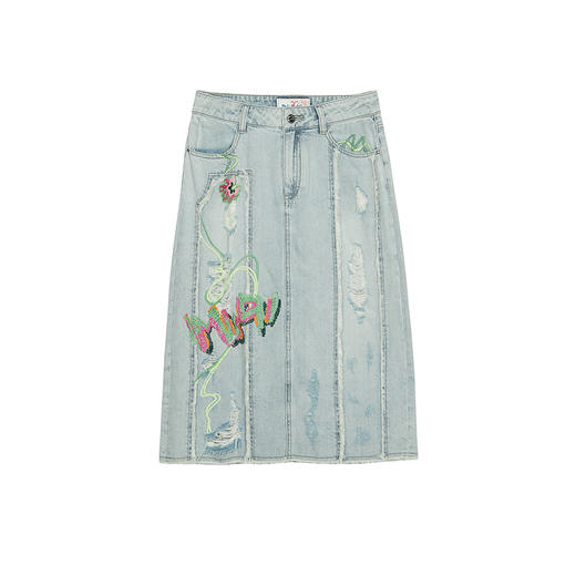 MIIDII谜底2022春款磨烂毛边合体刺绣天丝棉牛仔半身裙221MB0031 商品图4