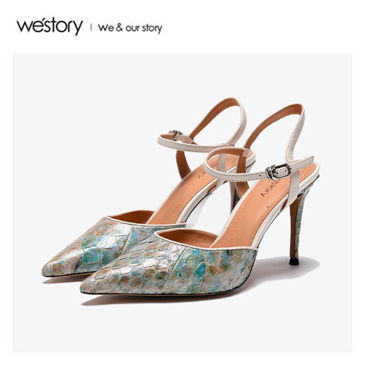westory2020年夏新品包头高跟蛇纹细跟流行网红ins凉鞋W20BH60711 商品图0