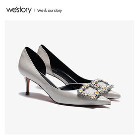 westory2020春季新款尖头水钻方扣浅口细跟高跟鞋女W20AH51191
