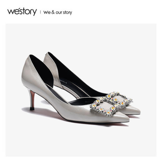 westory2020春季新款尖头水钻方扣浅口细跟高跟鞋女W20AH51191 商品图0