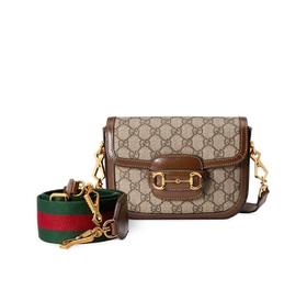 GUCCI古驰 马衔扣1955 复古金口老花LOGO条纹织带马鞍包 658574 含两条肩带