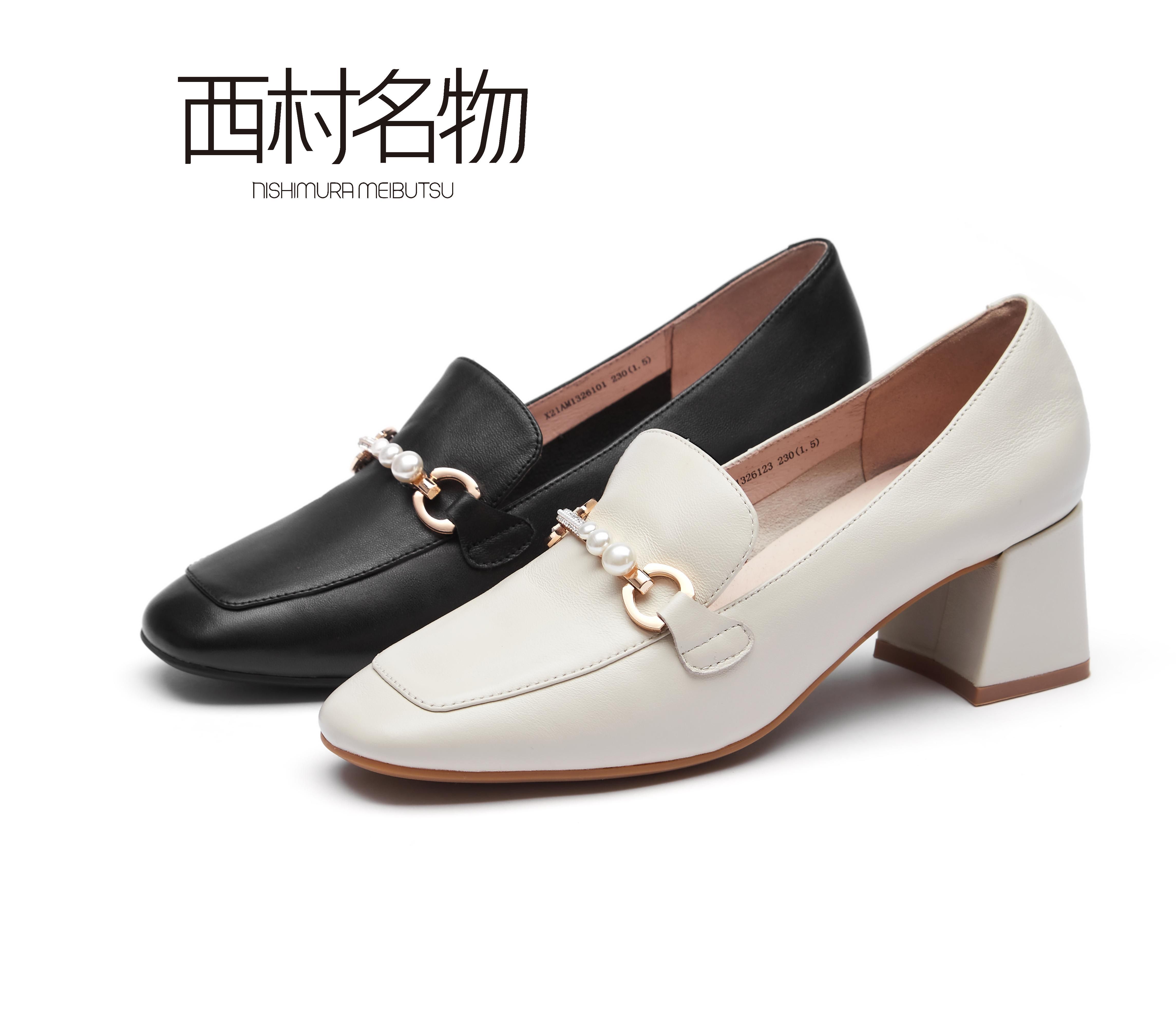 西村名物2021秋季款深口低跟小皮鞋英伦乐福X21AM13261