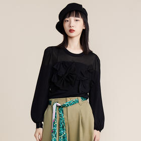 MIIDII谜底2022春款蝴蝶结圆领长袖水晶纱套头针织衫女221MZ0350