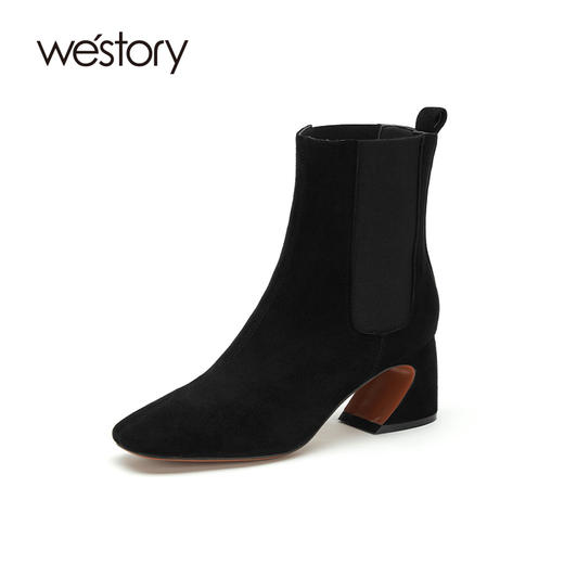 westory2020冬季新款真皮软皮圆头中筒高跟切尔西靴W20DS80141 商品图0
