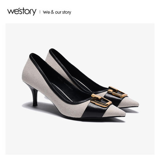 westory2020春季新款时髦撞色尖头扣饰浅口高跟鞋女W20AE51021 商品图0