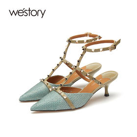 westory尖头高跟鞋女2021年春季新款细跟链条鱼纹凉鞋W21AH52661