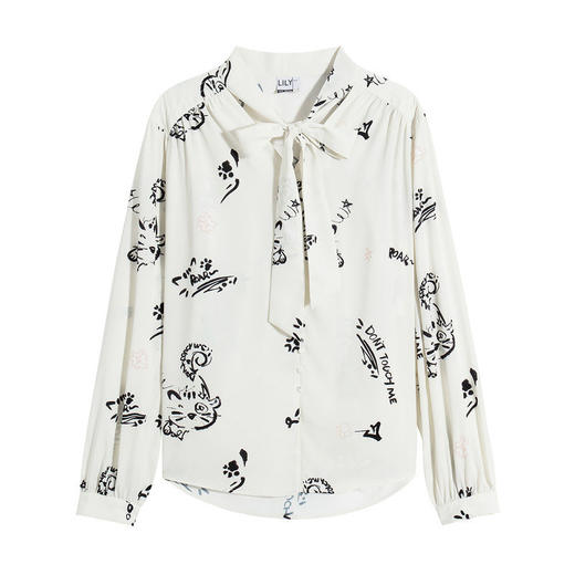 LILY2022春新款女装设计感趣味印花优雅飘带V领衬衫122120C8214 商品图4